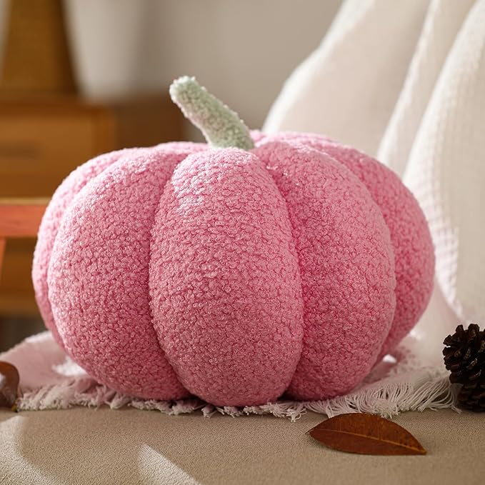 YRXRUS Pumpkin Pillows, Halloween Pumpkin Pillow Set of 2, Pink Throw Pillows Fall Room Decoration, Teddy Fleece 6x12&4x7 Inches Accent Cushion Gifts for Holiday