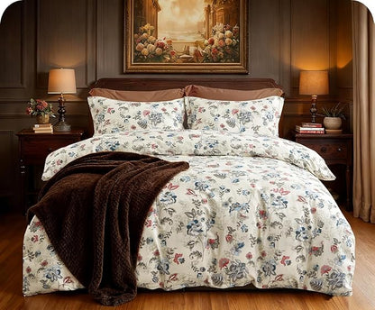 SLEEPBELLA King Size Comforter Set Teal & Red Botanical Pattern Printed on White 100% Cotton Fabric, Ultra Soft Microfiber Inner Fill 3Pcs Bedding Set