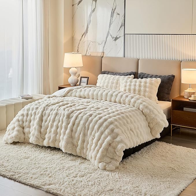 King Faux Rabbit Fur Comforter Set - 3 Pieces Fluffy Bedding Set Ultra Soft Warm Shaggy Winter Flannel Bed Set, Luxury Skin Friendly Sherpa Comforter Set & Pillow for Thanksgiving Beige Cream White