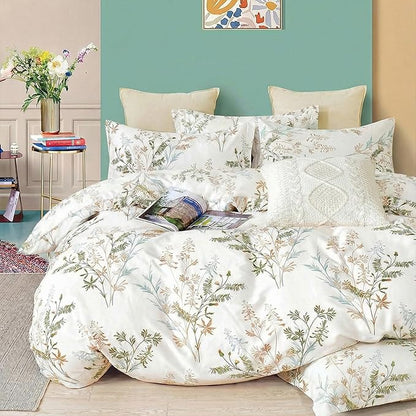 100% Cotton Comforter Queen Size – 3 Piece Botanical Printed Bed Comforter Set with Pillowcases, Soft Lightweight All Season Bedding Set, Cottagecore Aesthetic Natural Floral Bedding