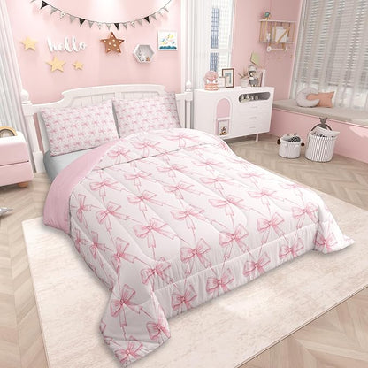Feelyou Bow Comforter Set King Size Pink Girls Bow Bedding Set Boys Girls Cute Bowknot Comforter for Kids Women Men Kawaii Duvet Set Bow and Stripes Quilt Set 3Pcs