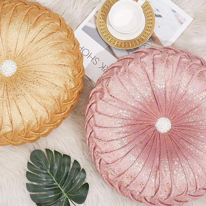 EUCIOR Round Throw Pillows,Blush Pink and Gold Throw Pillow,Soft Spandex Fabric,Pumpkin Pleated Handmade Pink Round Velvet Decorative Pillow for Sofa Bedroom Livingroom
