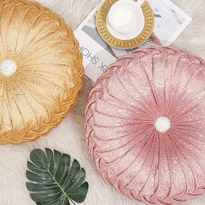 EUCIOR Round Throw Pillows,Blush Pink and Gold Throw Pillow,Soft Spandex Fabric,Pumpkin Pleated Handmade Pink Round Velvet Decorative Pillow for Sofa Bedroom Livingroom