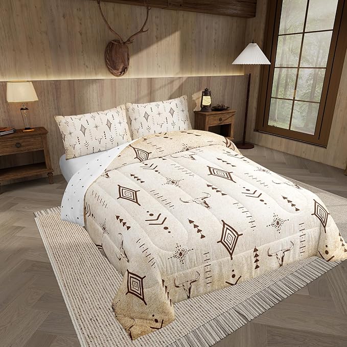 Feelyou Western Bull Skull Comforter Set Boho Ethnic Horns Bedding Set Full Size Kids Adult Black Brown Tribal Symbol Mysterious Aztec Comforter