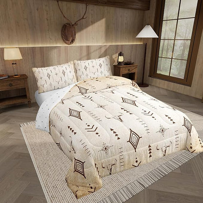 Feelyou Western Bull Skull Comforter Set Boho Ethnic Horns Bedding Set Twin Size Kids Adult Black Brown Tribal Symbol Mysterious Aztec Comforter