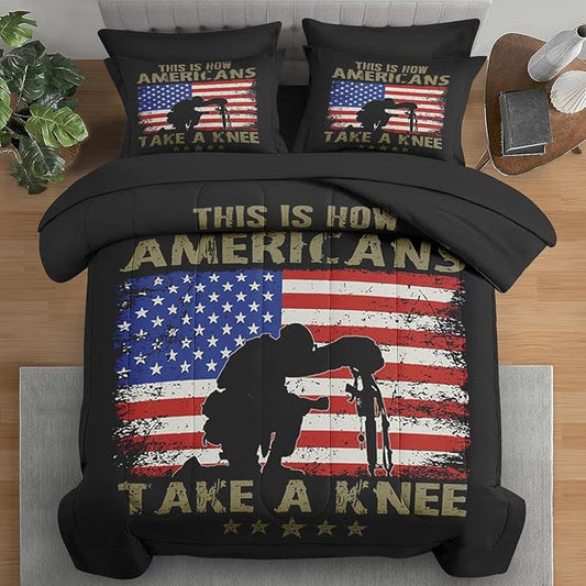 Comforter Set Full Size, American Flag Military Gun 7 Pcs Bedding for Kids and Adults, Memorial America Army Bed Sheet Sets with Fitted Sheet 2 Pillowcases & 2 Shams