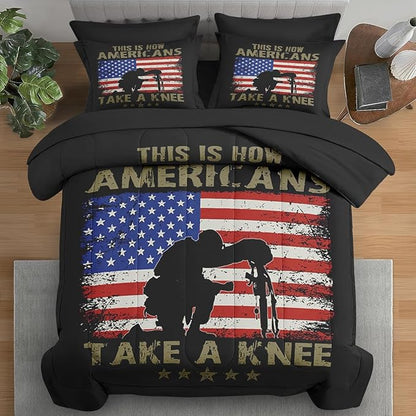 Comforter Set Queen Size, American Flag Military Gun 7 Pcs Bedding for Kids and Adults, Memorial America Army Bed Sheet Sets with Fitted Sheet 2 Pillowcases & 2 Shams