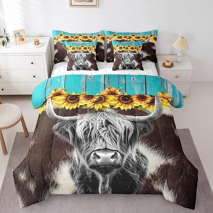 Erosebridal Highland Cow 7 Pcs Comforter Set Full (Not Real) Cowhide Bed in a Bag Sunflower Floral Duvet Set Cow Fur Print Flat Sheet Rustic Blue Wooden Barn Door Quilt Funny Farm Animals Bedding