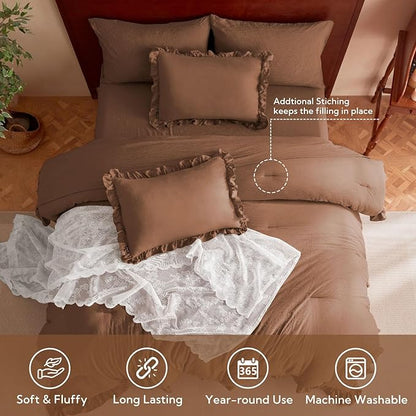 MR&HM Comforter Set Brown Comforter Set Twin for Girls Women 5 Pieces, Shabby Chic Vintage Cottagecore Bed Sets Elegance Boho Bed in a Bag, Ultra-Soft & Fluffy Comforter for All Season