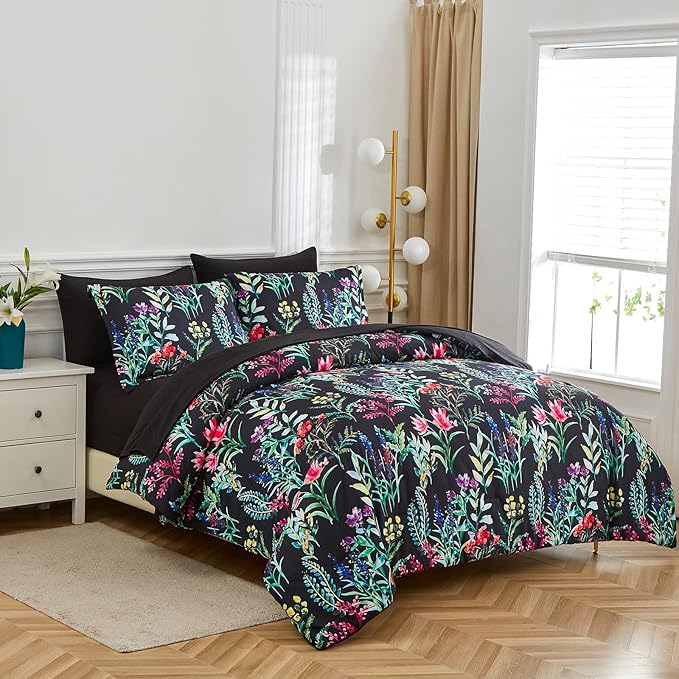 7 Piece Bed in a Bag Floral Comforter Set, Botanical Flowers Comforter and Sheet Set, Soft Microfiber Lightweight Bedding Comforter Set for All Season(Dark Floral, King)