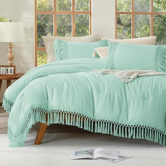 Andency Comforter Full Size Set Mint, Boho Lightweight Vintage Soft Bedding Comforter Sets, 3 Pieces Bed Set (79x90In Comforter & 2 Pillowcases)