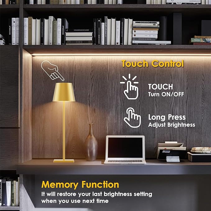 2-Pack LED Cordless Table Lamp 3W 5500mAh Rechargeable Battery Operated Stepless Dimmable Portable Lamp for Restaurant, Bedroom, Outdoor (Gold)
