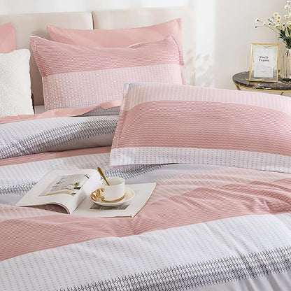 Andency King Size Comforter Set 7 Pieces - Pink Striped Lightweight Bed in a Bag, Fully Microfiber Bedding Breathable All Season Beddding Set with Comforter, Fitted & Flat Sheet, Pillowcases & Shams