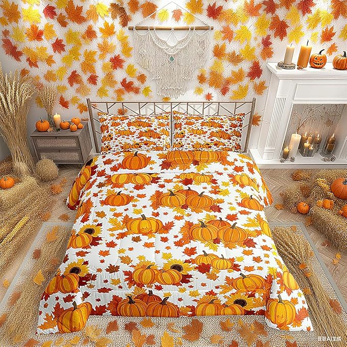 Erosebridal Fall Pumpkin Comforter Set Full Autumn Maple Leaves Bedding Set Thanksgiving Harvest Season Decor Comforter for Home,Rustic Farmhouse Sunflower Quilt Duvet Set 2 Pillow Cases Orange White