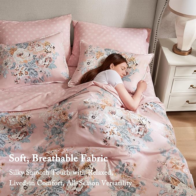 Madison Park Essentials Floral Comforter Set Full Size, Vintage Flower Bedding Set with Sheet Set, 7 Pieces Bed in a Bag with Reversible Botanical Comforter and Pillowcases & Shams, Heather, Pink