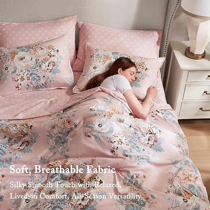 Madison Park Essentials Floral Comforter Set Full Size, Vintage Flower Bedding Set with Sheet Set, 7 Pieces Bed in a Bag with Reversible Botanical Comforter and Pillowcases & Shams, Heather, Pink