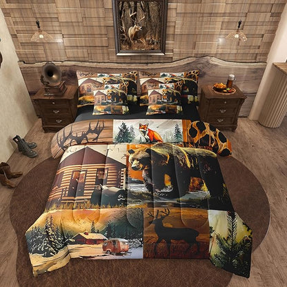 Erosebridal Rustic Lodge 7 Piece Comforter Set King Size Bear Deer Fox Cabin Bedding Set for Kids Teens Adult | Country Woodland Animals Duvet Insert Vintage Barn Pine Trees Brown Black Sheets