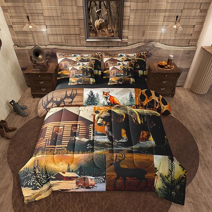 Erosebridal Rustic Lodge 7 Piece Comforter Set Queen Size Bear Deer Fox Cabin Bedding Set for Kids Teens Adult | Country Woodland Animals Duvet Insert Vintage Barn Pine Trees Brown Black Sheets