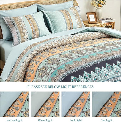 Boho Comforter Set King Size Sage Green - 7 Pieces Bohemian Floral Striped Comforter and Sheet Set, Soft Bed in a Bag Complete Bedding Sets King Size for All Season (Sage Green,King)