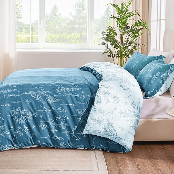 Love's cabin Mineral Blue Comforter Set King - King Size Comforter Set, 3 Pieces Cute Floral Bedding Sets for All Seasons,1 Soft Reversible Botanical Flowers Comforter and 2 Pillow Shams