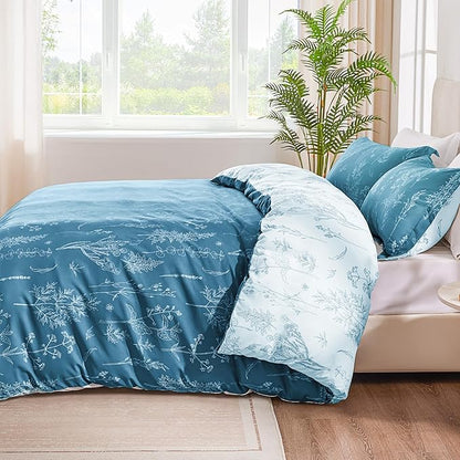 Love's cabin Mineral Blue Comforter Set King - King Size Comforter Set, 3 Pieces Cute Floral Bedding Sets for All Seasons,1 Soft Reversible Botanical Flowers Comforter and 2 Pillow Shams