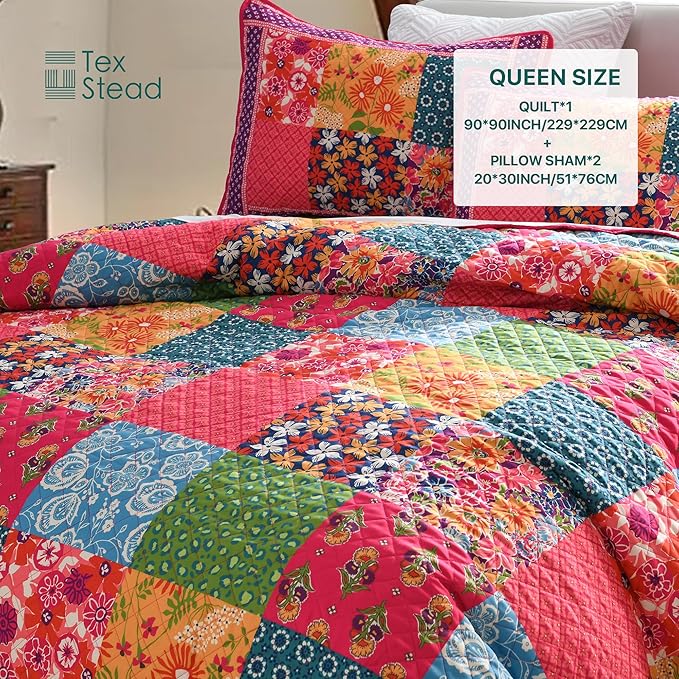 Queen Quilt Set for Bed - 100% Cotton Quilts Patchwork Comforter Coverlet Bedspread Reversible 90"x90" with 2 Pillow Shams