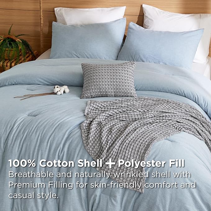 Bedsure 5 Pieces Cotton Comforter Set with Cotton Waffle Throw Blanket - Blue Queen Comforter, Pillow Shams, Grey Cooling Blanket of Rayon Derived from Bamboo for Hot Sleepers, Throw Pillow