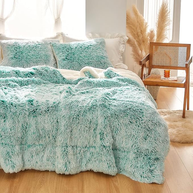 Joyreap 3-Piece Plush Shaggy Comforter Set, Twin Size Luxury Faux Fur Sherpa Reversible Bedding Comforter Set, Ultra Cozy Warm Fluffy Bedding Set for Winter (Aqua Green n White, 68x86 inches)
