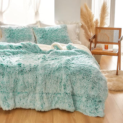 Joyreap 3-Piece Plush Shaggy Comforter Set, Twin Size Luxury Faux Fur Sherpa Reversible Bedding Comforter Set, Ultra Cozy Warm Fluffy Bedding Set for Winter (Aqua Green n White, 68x86 inches)