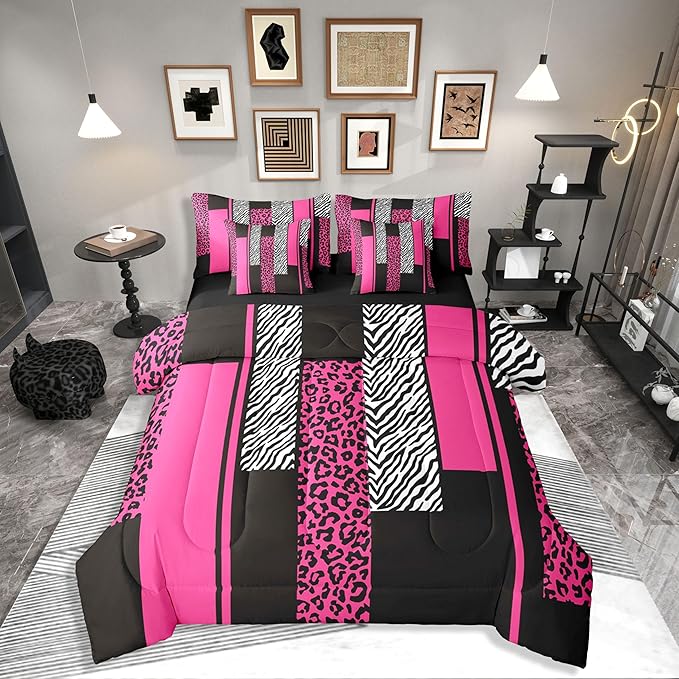 Erosebridal Leopard Print Stripes Black Pink Girls Women King 7-Piece Comforter Set | Wild Animal Skin Sheets and Pillowcases Zebra Cheetah Fur Pattern Bed in A Bag Adults Geometric Bed Sets