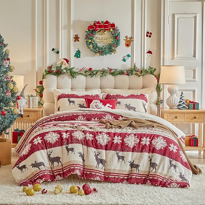 Christmas Sherpa Comforter Set Queen Size 3 Pieces Red Stripes Cream Snowflake Deer Holiday Winter Bedding Microfiber Warm Fleece Comforter with 2 Pillow Shams - Thanksgiving New Year Gift Choice