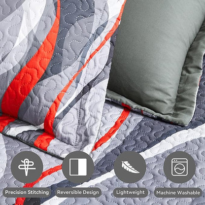 weesire Classic Line Pattern Bedding Quilt Queen Size Modern Grey Red and Black Stripe Quilt with 2 Shams, Gray and Red Comforter Sets Lightweight Breathable Bedspreads Coverlet, 90''x96''