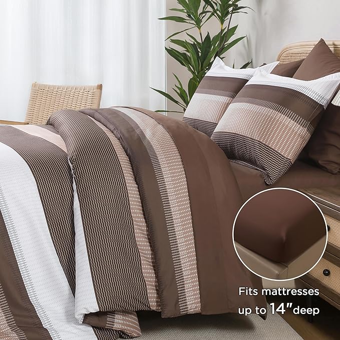 Andency California King Comforter Set Brown - 7 Pieces Striped Lightweight Bed in a Bag, Soft Microfiber Reversible Bedding Set with Comforter, Fitted & Flat Sheet, Pillowcases & Shams