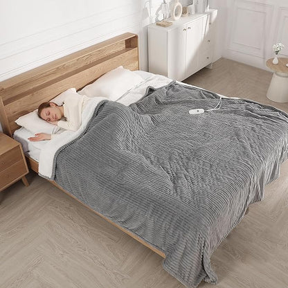 Electric Blanket King Size, Electric Heated Blanket with Dual Controls, 5 Heat Settings, 10-Hour Auto Off, Striped Flannel & Sherpa, FCC/ETL Certified, 90''x100'' Light Grey