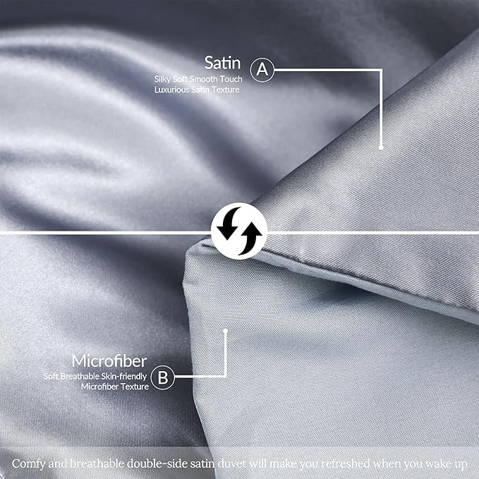 Whale Flotilla 3-Piece Reversible Silky Soft Queen Comforter Bedding Set, Luxurious Satin Comforters Full Size with 2 Satin Pillowcases, Lightweight Duvet for All Seasons, Grey