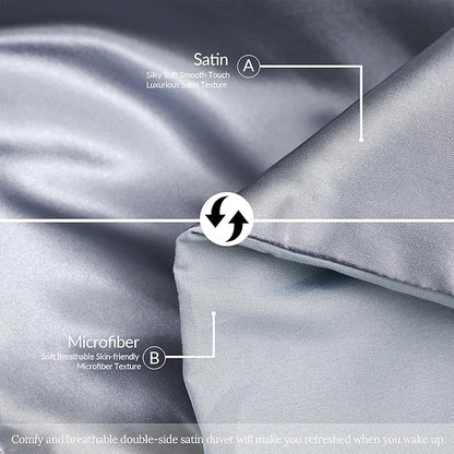 Whale Flotilla 3-Piece Reversible Silky Soft Queen Comforter Bedding Set, Luxurious Satin Comforters Full Size with 2 Satin Pillowcases, Lightweight Duvet for All Seasons, Grey