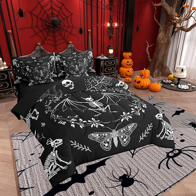 Castle Fairy Moth Animal Comforter Set Full Size,Gothic Skull Boho Flower Bedding Set,Bohemian Exotic Skeleton Bed Set 7 Pieces(Comforter+Fitted+Flat Sheet+Pillowcase+Pillow Cover)