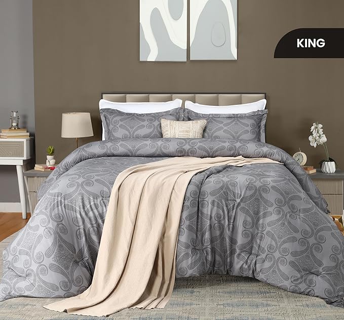 King Comforter Set 3 Piece Paisley Grey by Utopia Bedding Floral Comforters King Size Bedding Comforters Set Down Alternative Soft Bed Set 1 Comforter(90 x 102 inches) 2 Pillow Shams(20 x 36 inches)