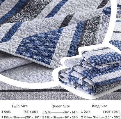 Homzard Quilt Bedding Set Twin Size - 100% Cotton Comforter Set,Gray Blue Quilts Bedspread for The Bed, Farmhouse Lightweight Bedding All Season