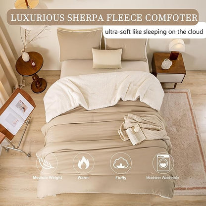 Warm Ultra-Soft Sherpa Queen Down Comforter with Pillow Case - Beige and White Luxurious Reversible, Full/Queen Size Fleece Bedding Set Fluffy Surface for Cozy Autumn Winter
