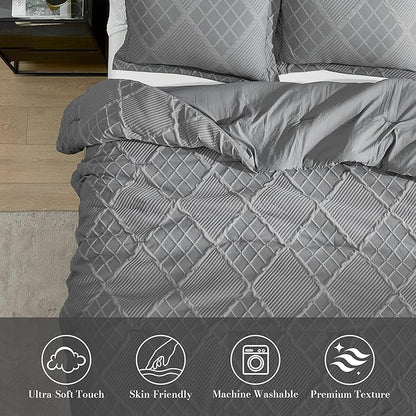 Amélie Home King Comforter Set, 3 Piece Grey Jacquard Bedding Set with 2 Pillow Cases, Soft Microfiber Diamond Design, Lightweight All-Season for Bedroom & Dorm