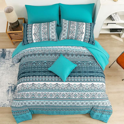 Cottolester Boho King Size Comforter Set 8 Pieces, Teal Comforter Bohemian Striped Bed in A Bag, Soft Microfiber Bedding Set for All Seasons