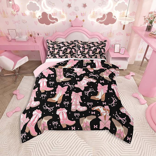 Feelyou Black Pink Western Bedding Set Cowgirl Cowboy Boots Comforter Set for Kids Boys Girls Teens Room Decor Cute Bowknot Dreamy Princess Style Comforter King Size Girly Duvet Set 3Pcs