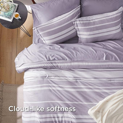 Bedsure Twin Comforter Set 5 Pieces, Purple Striped Bedding Set for All Seasons, Reversible, Cationic Dyeing Bed in a Bag with Comforter, Sheets, Pillowcase & Sham