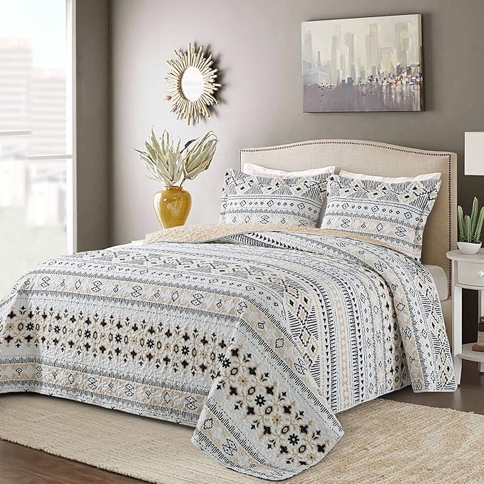 BEDIFANY Boho Quilt Bedding Set, 3 Pieces Stripe Queen Bedspread Lightweight Boho Queen Quilt, All-Season Bed Spread Coverlet Set for Bed Decoration