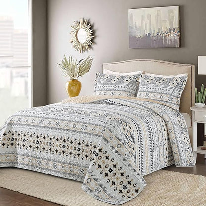 BEDIFANY Boho Quilt King Size Set, Lightweight Bedspread King Size Stripe Boho King Quilt, Quilt Bedding Set for Bed Decoration, All-Season Coverlet Set, 3 Pieces