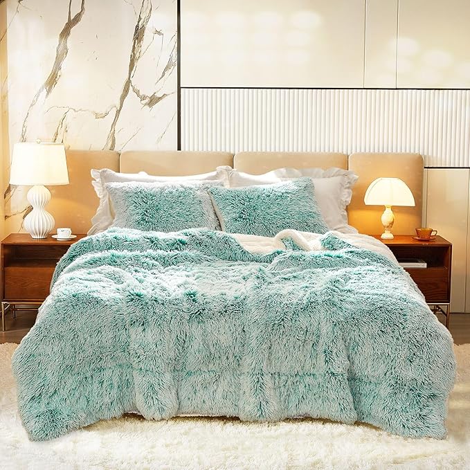 Luxury Faux Fur Shaggy Comforter Set Twin Size, Plush & Sherpa Reversible Comforter Teal with White, 3 Pieces Fluffy Fuzzy Bedding Set Ultra Soft and Warm for Winter (1 Comforter + 2 Pillowcases)
