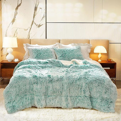 Luxury Faux Fur Shaggy Comforter Set King Size, Plush & Sherpa Reversible Comforter Teal with White, 3 Pieces Fluffy Fuzzy Bedding Set Ultra Soft and Warm for Winter (1 Comforter + 2 Pillowcases)