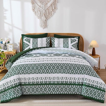 Luxudecor Green Comforter Set Queen Size 7 Pieces,Boho Aztec Comforter with Sheet Set,Geometric Striped Pattern Bed in a Bag,Soft Microfiber Bed Set 90"x90"
