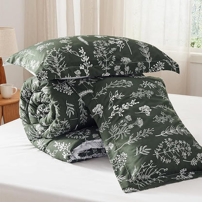 Bedsure Queen Comforter Set - Dark Olive Green Bed Set, 3 Pieces Cute Floral Bedding, 1 Soft Reversible Botanical Flowers Comforter and 2 Pillow Shams